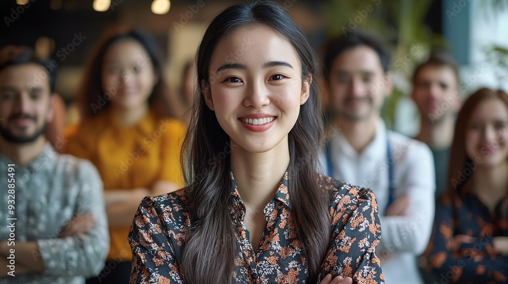 Poster arms crossed smile and portrait of employee group and creativity of writer female leader and startup