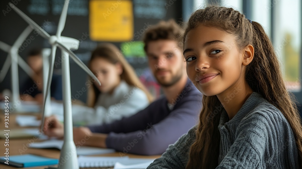 Poster Secondary Or High School Students Studying Wind Turbines In Science Class With Teacher In Background : Generative AI