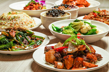 Assortment Chinese food, Egg Fried Rice, Sauteed Pork Liver, mix vegetables, Stir Fried Rice Vermicelli, Sweet sour fish fillet, saliva chicken, taro balls grass jelly, Honey Lemon Aloe vera boba