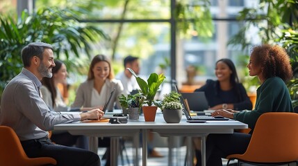 Obraz premium Diverse group of professionals engaged in a work conference showcasing teamwork and collaboration in a modern office environment : Generative AI