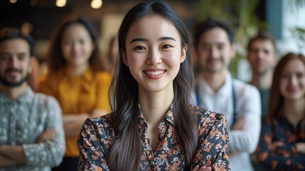 Fototapeta premium Arms crossed smile and portrait of employee group and creativity of writer female leader and startup Happy team and diversity in business face and people with confidence together and e : Generative AI