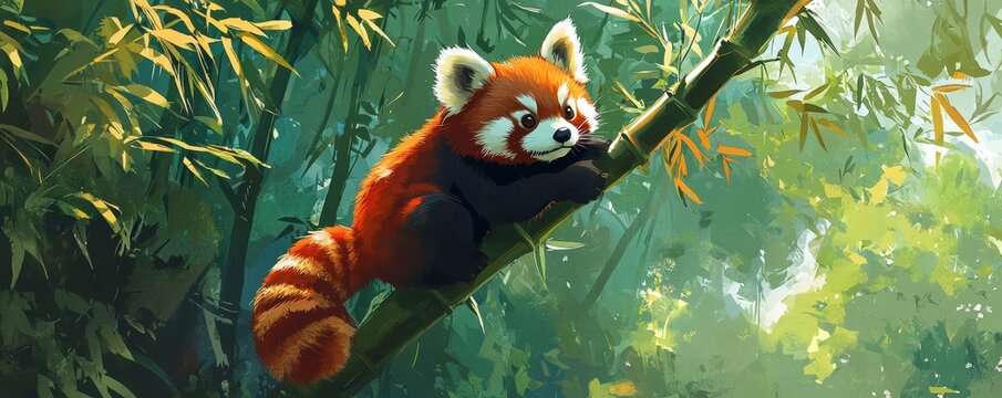 A playful red panda resting on a branch in a lush bamboo forest, surrounded by vibrant greenery and soft sunlight.