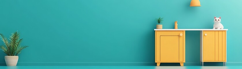 Fototapeta premium Minimalist interior with a yellow cabinet, green plant, and small decor items against a turquoise wall. Vibrant cozy home decor setting.