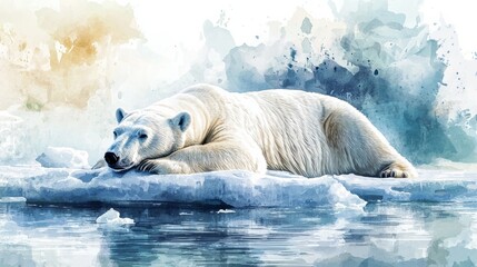 Naklejka premium A serene polar bear resting on an ice floe, surrounded by a soft watercolor backdrop, capturing the beauty of nature's cold habitats.