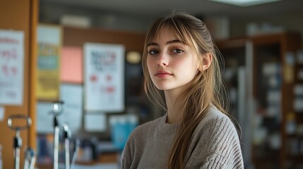 A young woman stands contemplatively in a rehab clinic amidst medical equipment and educational posters : Generative AI