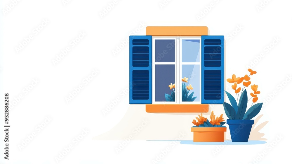 Canvas Prints A charming flat illustration features a window with shutters and a flowerpot, set against a clean white backdrop.