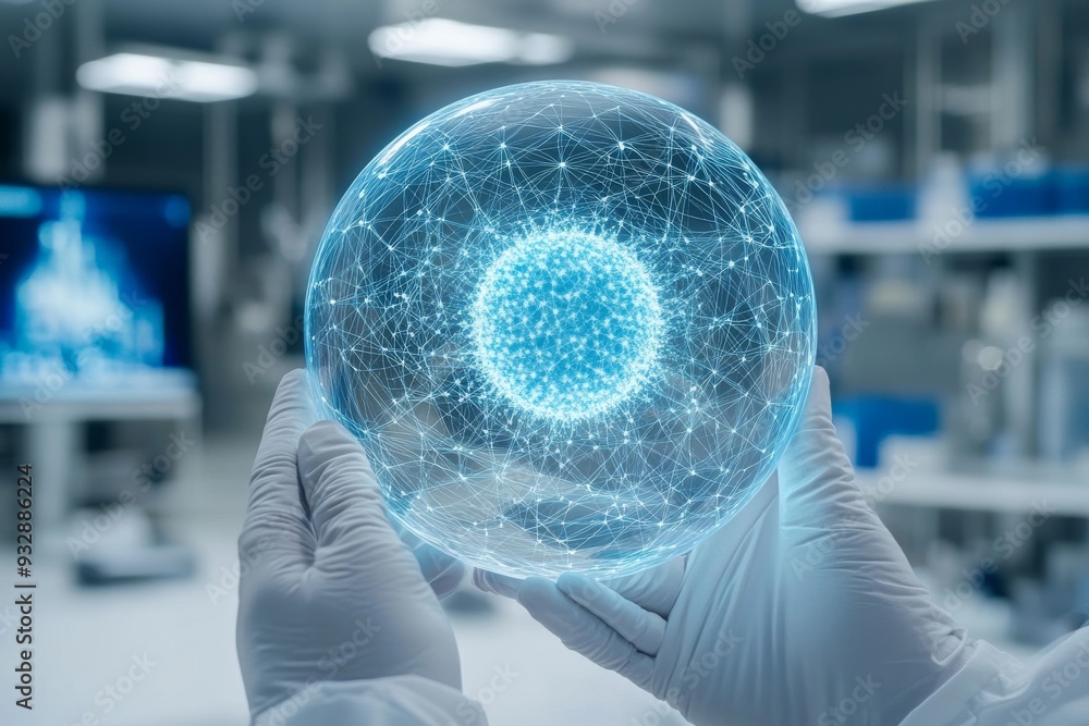 Poster scientist holding a glowing blue orb with intricate molecular patterns representing the convergence 