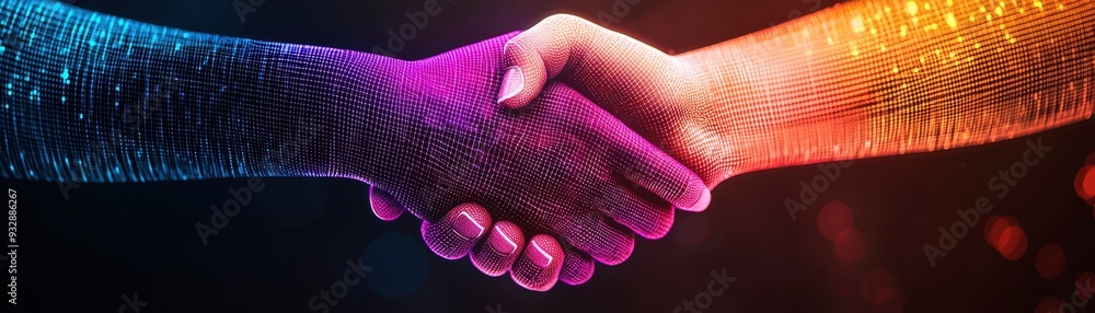 Poster Close-up of two hands shaking with a colorful glowing effect, symbolizing partnership and collaboration in a modern context.