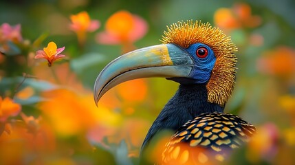 Obraz premium Portrait of colourful hornbill native to Indonesia Knobbed Hornbill Aceros cassidix Huge bird with gold bristled feathers on the blue neck blurred orange flowers in background Bird o : Generative AI