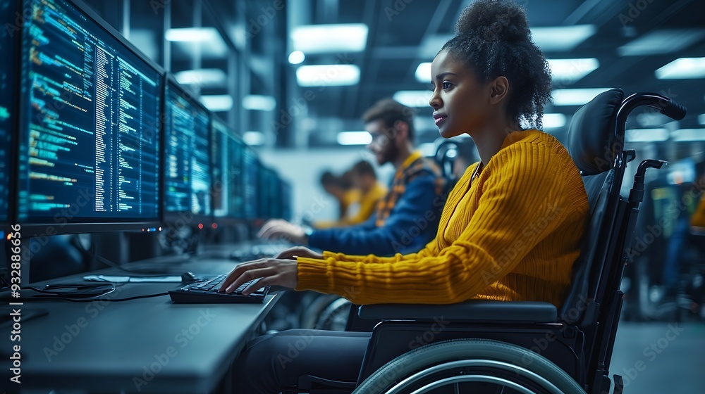 Poster Person with disability next to multiracial coworkers in data center coding on computer Wheelchair user and multiethnic team working together doing programming overseeing server cluster : Generative AI