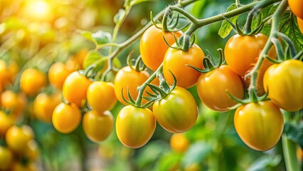 Yellow tomatoes growing on a vine in a garden , organic, fresh, ripe, healthy, agriculture, produce, harvest, farm, gardening