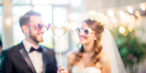 Blurred background of a wedding photo booth with props and guests.
