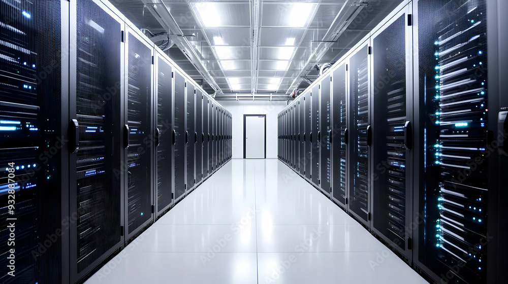 Aufkleber rows of black server racks in a modern data center with bright lights.