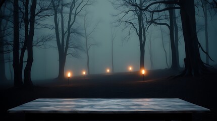 Wooden table with dark forest long trees in background spooky jungle landscape