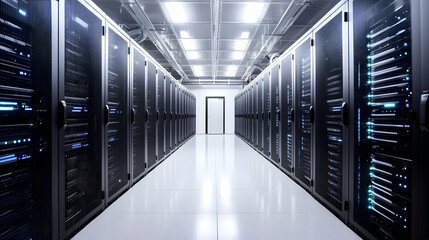 Rows of black server racks in a modern data center with bright lights.