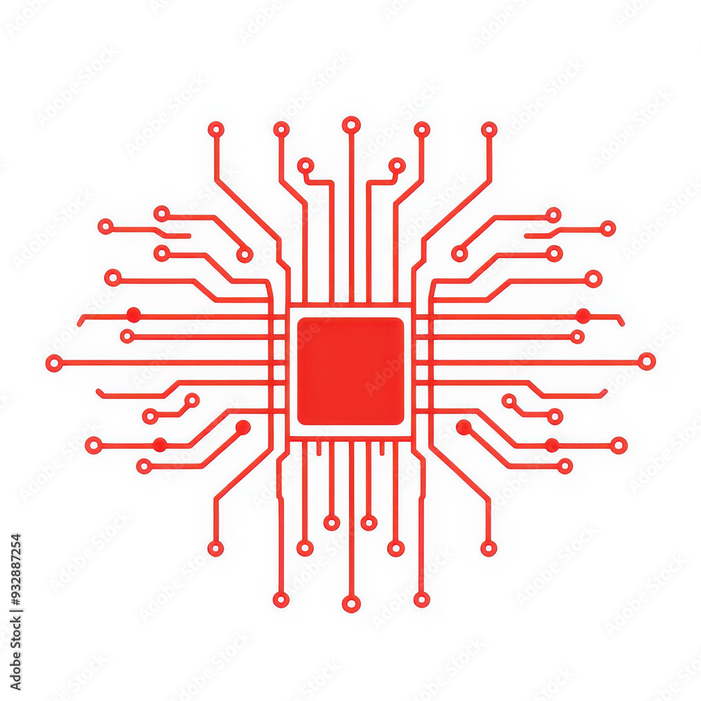 Poster a sleek, minimal a.i. brain icon with a red outline, connecting to a cpu chip, perfect for modern ui