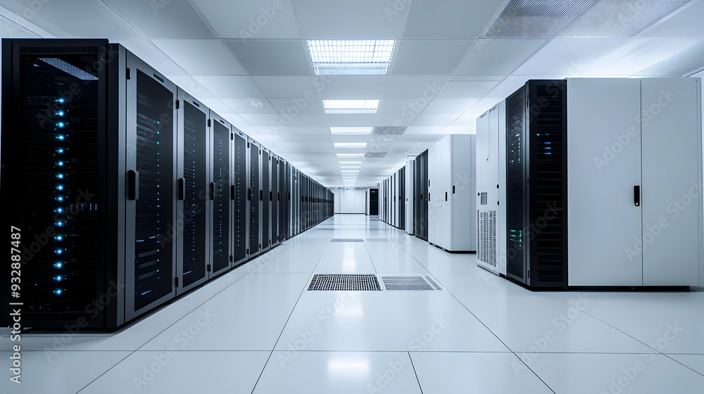 Poster rows of black server racks in a pristine data center.