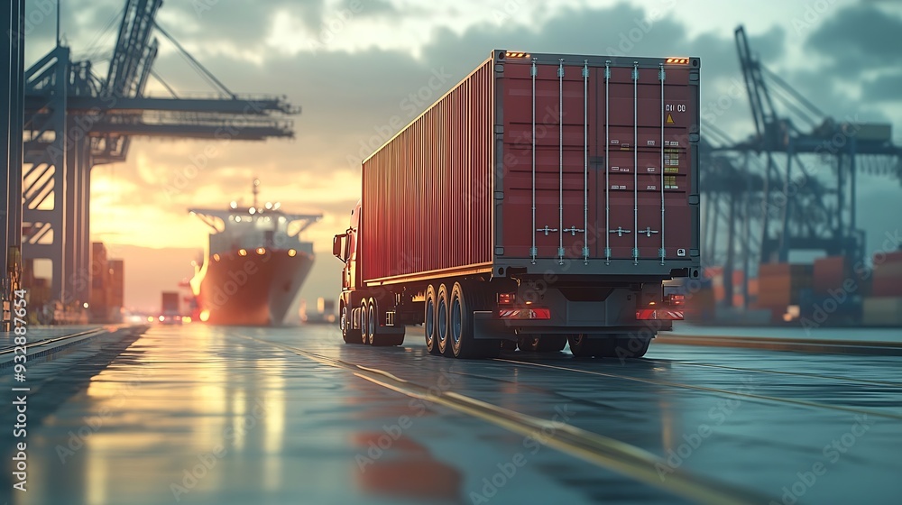 Poster Container truck in ship port for business Logistics and transportation of Container Cargo ship and Cargo plane with working crane bridge in shipyard logistic import export and transpor : Generative AI