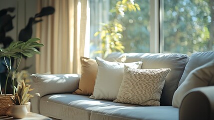 Fototapeta premium Interior of light living room with cozy grey sofas near big window : Generative AI