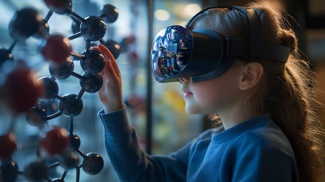 Child Explores Molecular Models with VR Glasses Girl Wearing Reality Headset Interacts with 3D Molecule Immersive STEM Education : Generative AI - Powered by Adobe