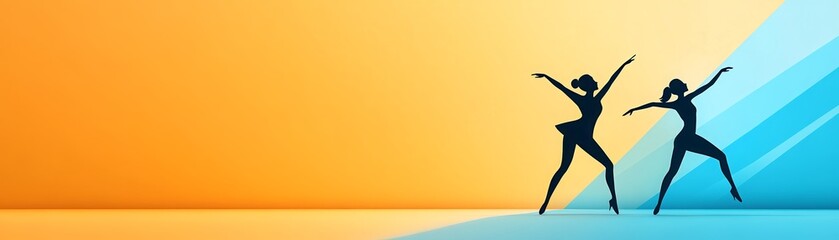 Obraz premium Silhouette of two dancers performing on a vibrant gradient background with orange and blue hues, depicting harmony and motion.