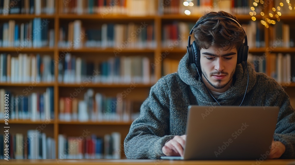 Aufkleber Portrait of a Smart Male Putting On Headphones and Working on a Laptop Computer Young Man Doing a Homework Assignment and Preparing for Political Science Exams in a College Library : Generative AI