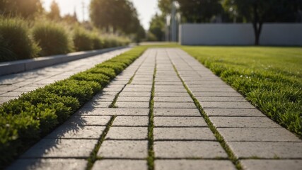 Obraz premium work concrete messy garden and strip lawn with sidewalk concrete New.