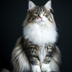 A majestic long-haired cat with fluffy fur and bright eyes sits elegantly against a dark background, perfect for pet-related promotions, animal magazines, and cat breed presentations,