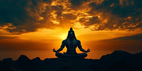 Abstract Silhouette of Meditating Shiva: AI-Generated Creative Design for Spiritual Marketing. Minimalist Artistic Composition with Elegant Gradient Textures. Versatile Graphic Element for Cultural UI