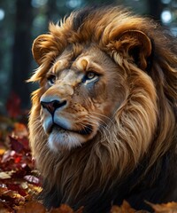 Fototapeta premium Mighty lion king of the jungle portrait, hairy animal in forest, powerful creature