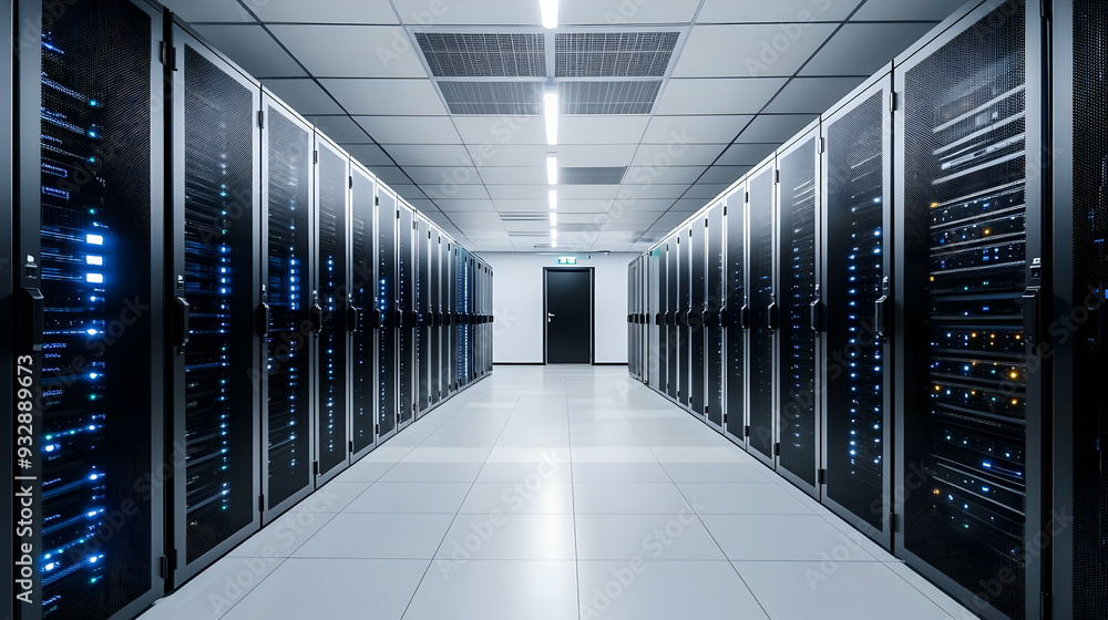 Poster server room with rows of black server racks and glowing lights.