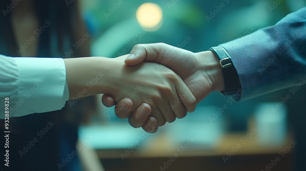 Aufkleber Trust handshake and business people in office for deal welcome or onboarding for b2b collaboration Partnership teamwork and shaking hands for agreement consulting or introduction in me : Generative AI