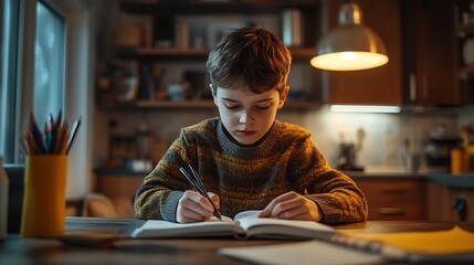 Education remote learning and boy in a kitchen with book writing or homework assignment at home Notebook homeschool and happy kid person studying in a house with fun color or art sketc : Generative AI