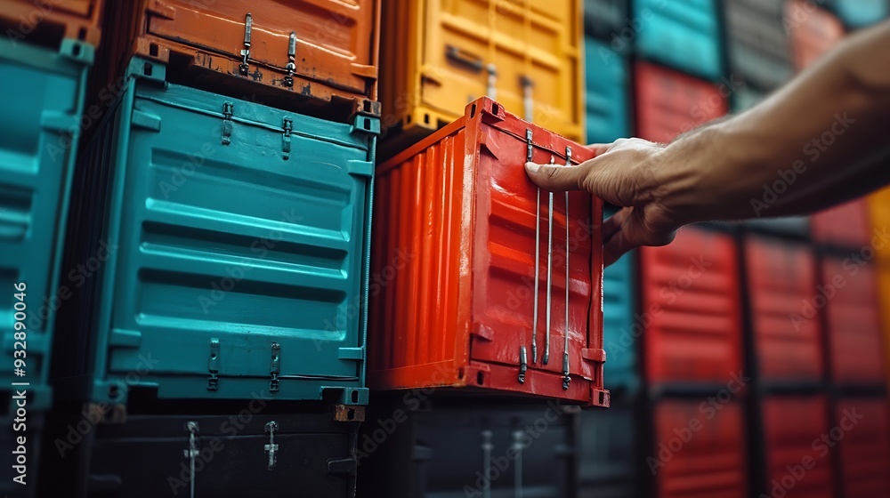Poster business man arranging stack of freight containers on his table in office logistics freight transpor