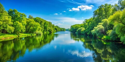 Tranquil river view with lush green trees and clear blue sky , nature, scenic, landscape, waterfront, peaceful, serene