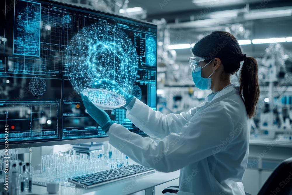 Poster scientist analyzing a digital hologram with molecular structures illustrating the fusion of data sci