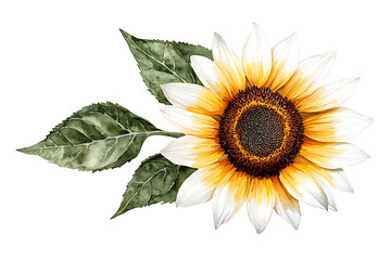 Obraz premium White and yellow sunflower with green leaves isolated on white background 