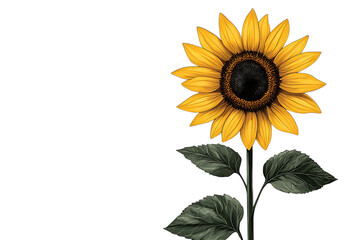 Obraz premium Vibrant sunflower with dark center and green leaves on white background 