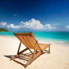 Deck chair at the tropical sandy beach - perfect vacations destination