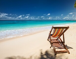 Deck chair at the tropical sandy beach - perfect vacations destination