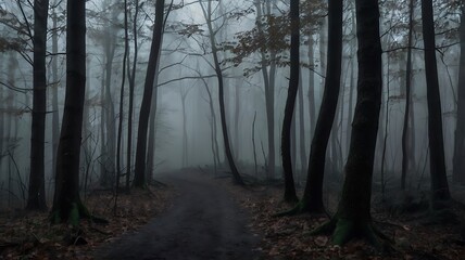 Fototapeta premium Dark and mysterious landscape view of spooky road in a forest, white fog covered all trees and sky isn't visible, there are no leaves on trees