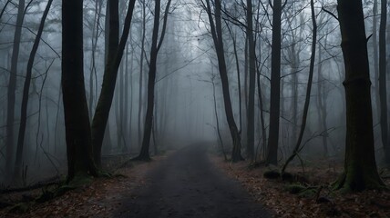 Obraz premium Dark and mysterious landscape view of spooky road in a forest, white fog covered all trees and sky isn't visible, there are no leaves on trees