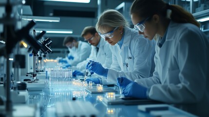 Tablet science and group of people in laboratory for learning cancer cure or medical development Training investigation and research with scientist team in clinical trial for medicine  : Generative AI