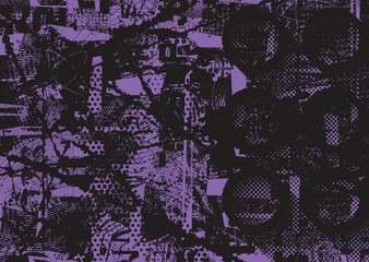 Glitch distorted grungy abstract forms . Cyber punk  pattern texture. Halftone dots .Futuristic background . Glitched shapes with dots and lines .Screen print  pattern texture
