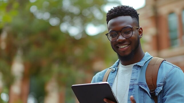 Outdoor tablet and black man with email smile and communication with college notification and online Education campus and acceptance to university happiness and African person in Atlan : Generative AI
