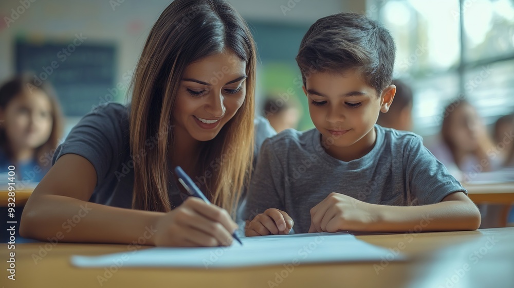 Poster teacher helping latin boy with assignment in elementary school classroom support scholarship and edu