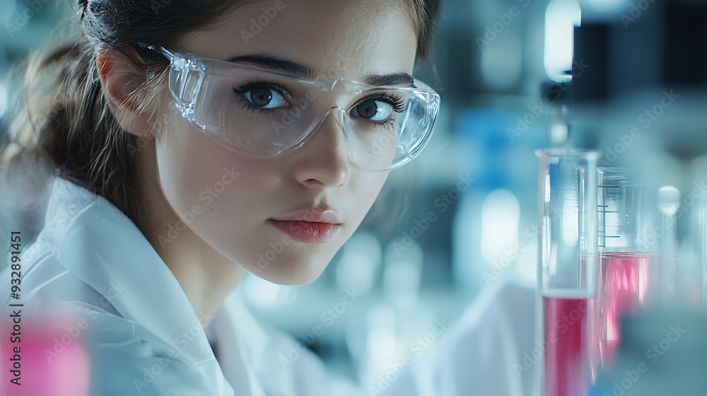 Aufkleber Concentrated woman scientist chemist works with liquids in beaker in science laboratory : Generative AI