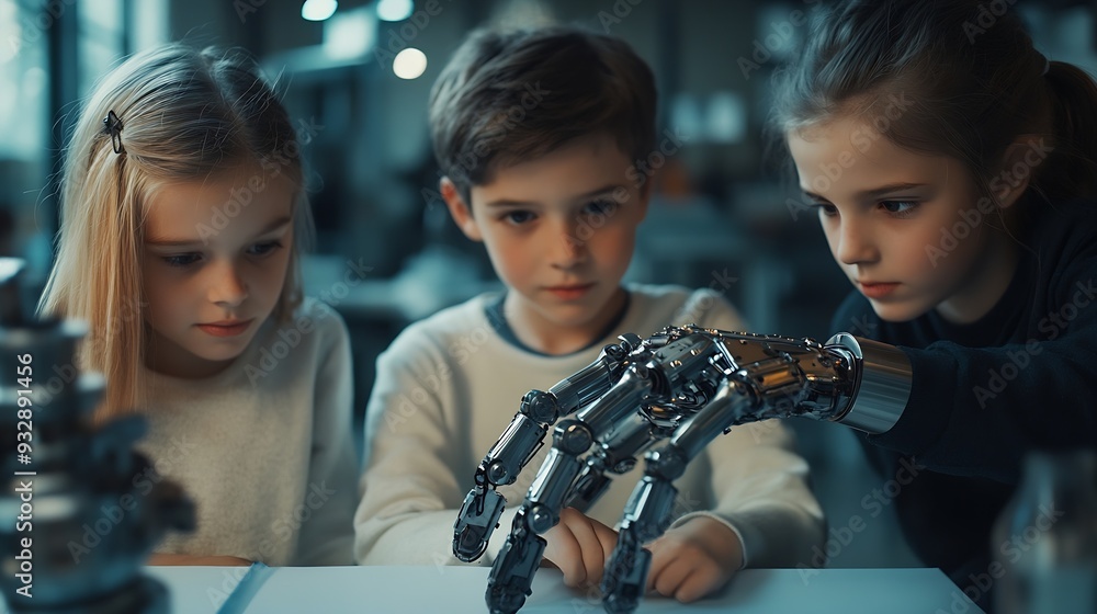 Poster smart boy and two talented girls making a presentation about a giant mechanical hand that moves on h