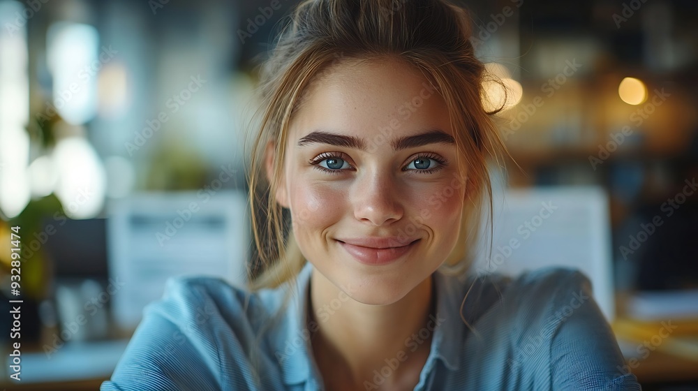 Aufkleber woman office and smile with writing notes or ideas with strategy planning and admin as hr manager fe