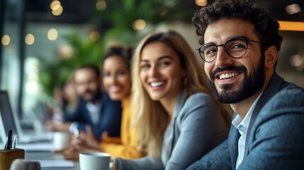 Fototapeta premium Group of colleagues engaging in a discussion during a business meeting in a conference room Happy business people men and women collaborating and working towards their shared goals : Generative AI